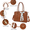 A brown PU leather laptop tote bag featuring a scarf, elegant handle, metal buckle, zipper, and bottom stud.