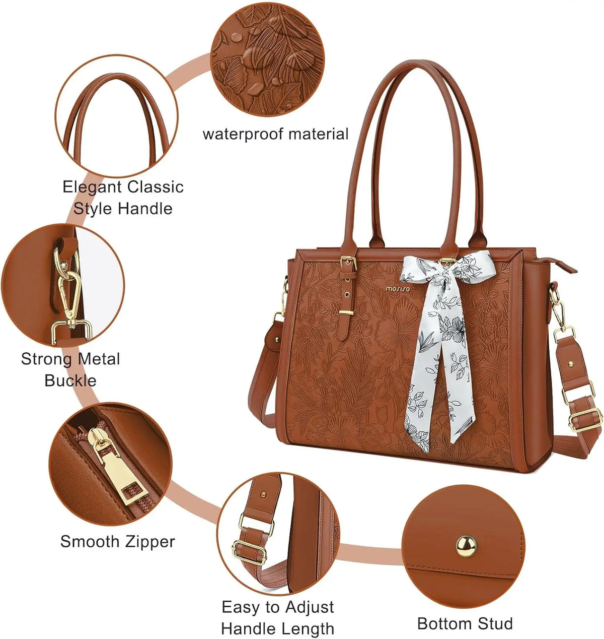 A brown PU leather laptop tote bag featuring a scarf, elegant handle, metal buckle, zipper, and bottom stud.