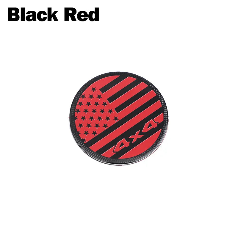 Round American flag decal with red and black stripes and the text 4x4.