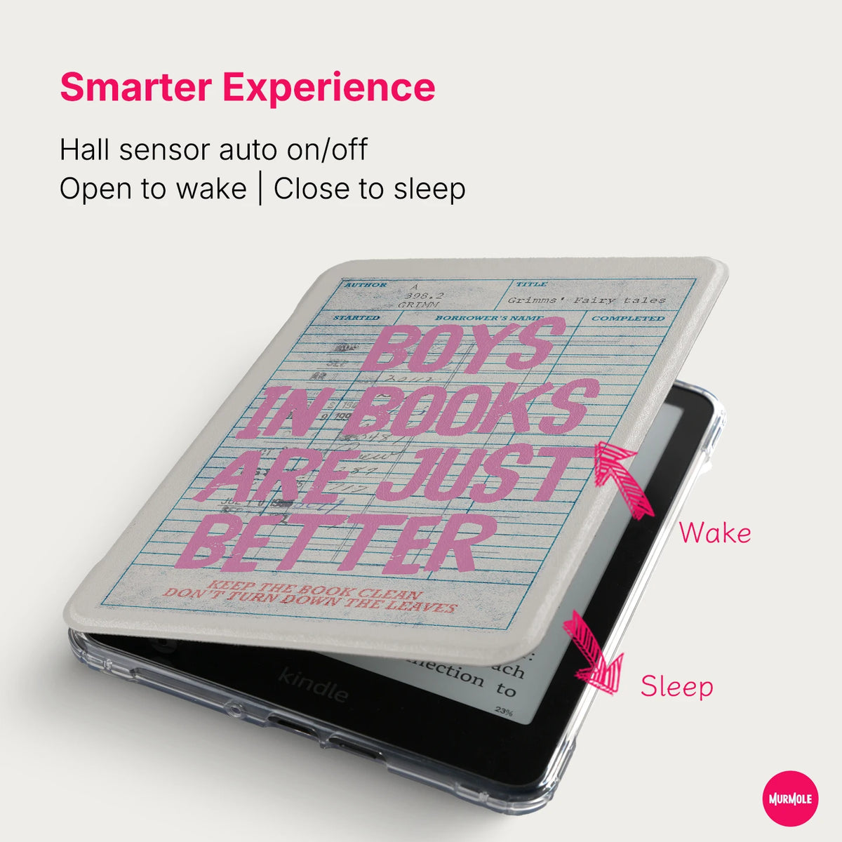 A magnetic detachable cover for a Kindle Paperwhite featuring a vintage library card design.