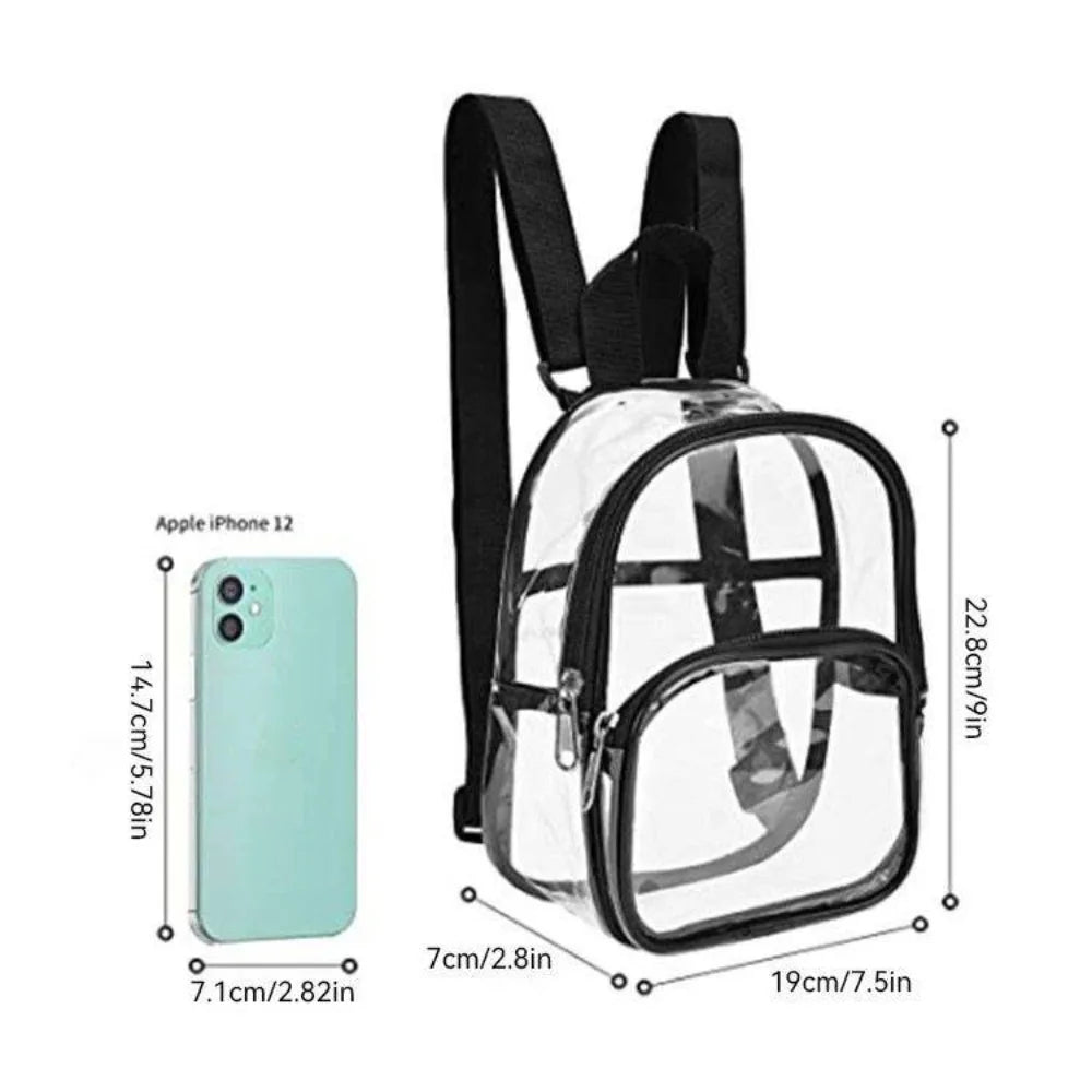 Clear PVC backpack storage pouch with black strap and transparent window for phone or small items.