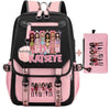 Pink and black canvas backpack featuring a funny print design with the name KATSEYE