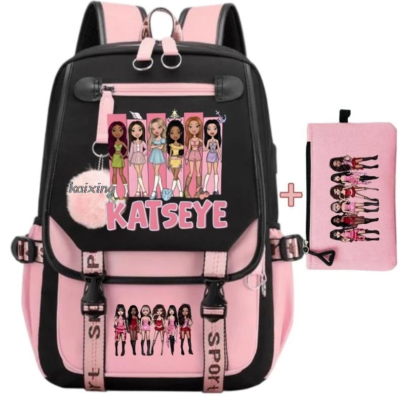 Pink and black canvas backpack featuring a funny print design with the name KATSEYE