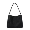 Black woven PU bucket shoulder bag with a long strap