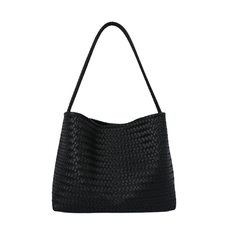 Black woven PU bucket shoulder bag with a long strap