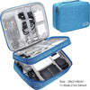 A blue portable digital organizer storage pouch with an open lid showing various electronic accessories and tools.