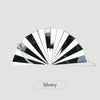 Silver acrylic chain crossbody bag with a pleated fan design featuring black and white stripes
