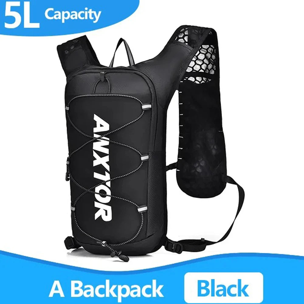 A black ANXTOR 5L capacity hydration backpack shown from the back.
