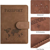 Cartera/porta pasaporte de cuero PU marrón con diseño de mapa mundial y relieve 3D.