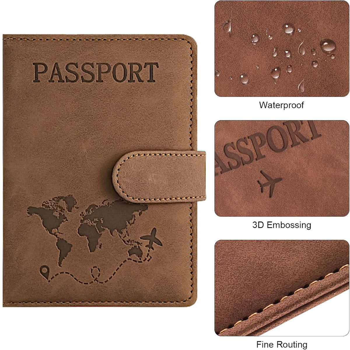 Cartera/porta pasaporte de cuero PU marrón con diseño de mapa mundial y relieve 3D.