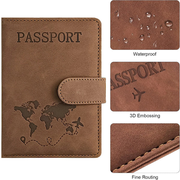 Brown PU leather passport holder wallet featuring a world map design and 3D embossing.