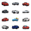 A collection of decorative shoe charms and pins featuring various vehicle models like a red sports car, a gray sedan, a picku