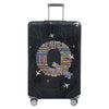 A dark gray stretch fabric luggage protection cover with silver handles and wheels.