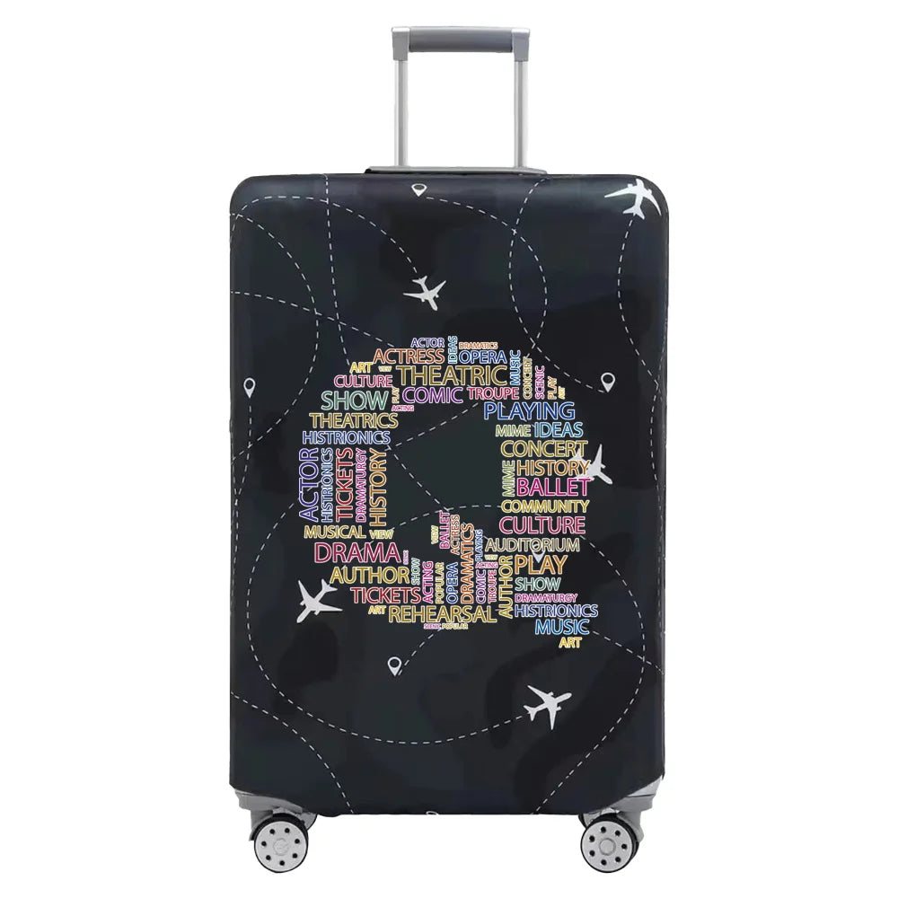 A dark gray stretch fabric luggage protection cover with silver handles and wheels.