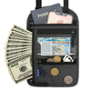 A black RFID blocking travel passport holder containing a driver's license, cash, and a credit card.