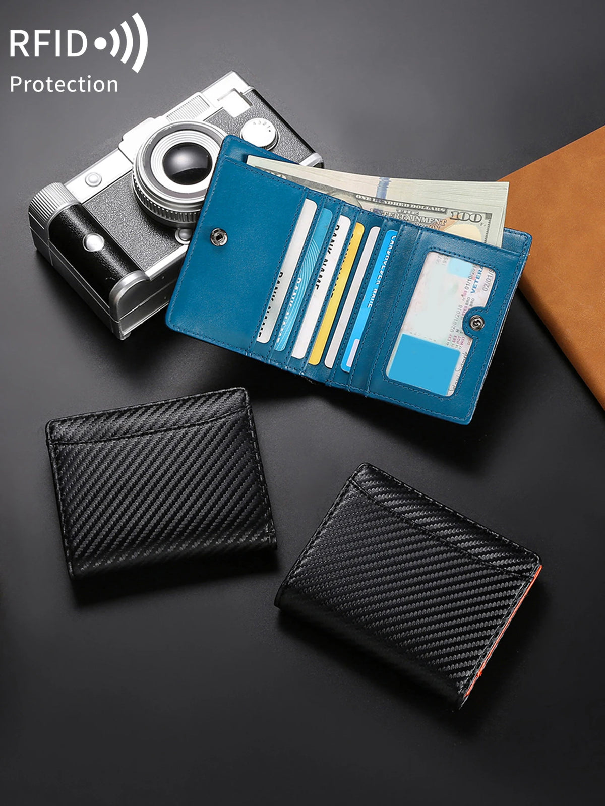 A black carbon fiber RFID-blocking bi-fold wallet is shown next to a camera and some cash.