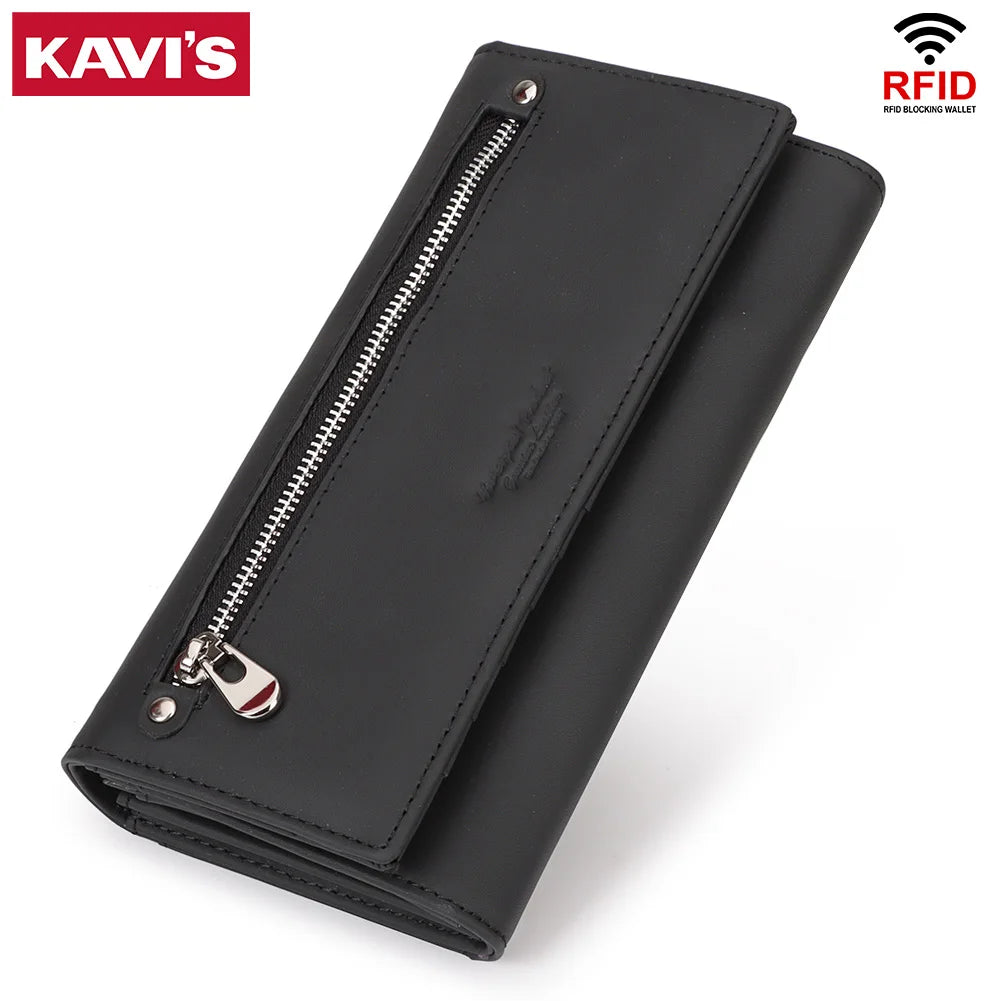 Black genuine leather women's wallet with a zipper and RFID blocking protection
