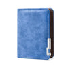 A blue leather wallet with a brown trim and silver clasp.