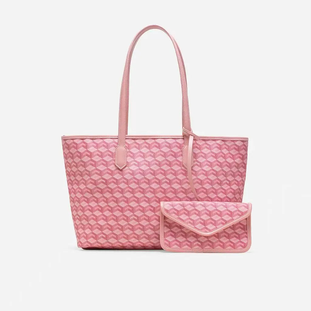 A pink geometric 2-in-1 tote bag set for women featuring a large tote and a smaller pouch.