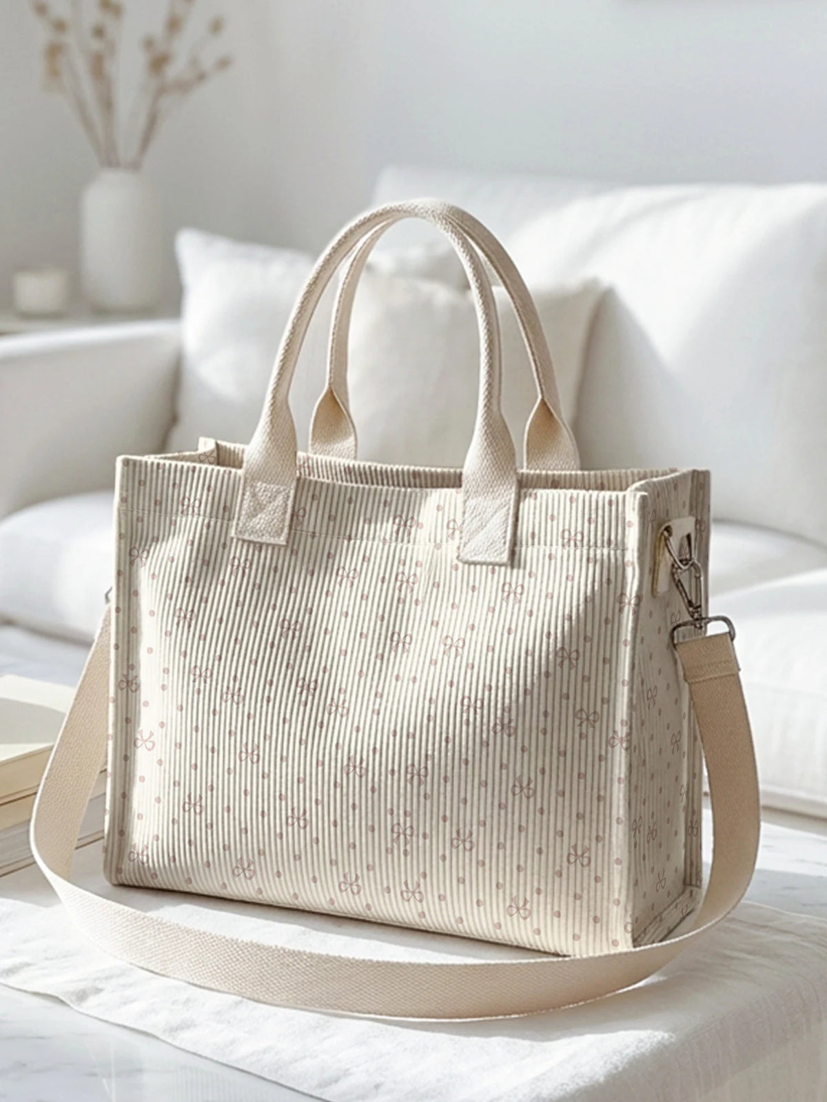 Sac cabas en velours côtelé beige à rayures verticales et petits pois roses sur une surface blanche.