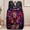 A black backpack featuring an anime design of a character and text related to The Amazing Digital Circus