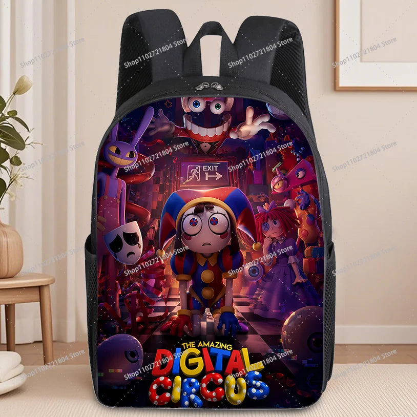 A black backpack featuring an anime design of a character and text related to The Amazing Digital Circus