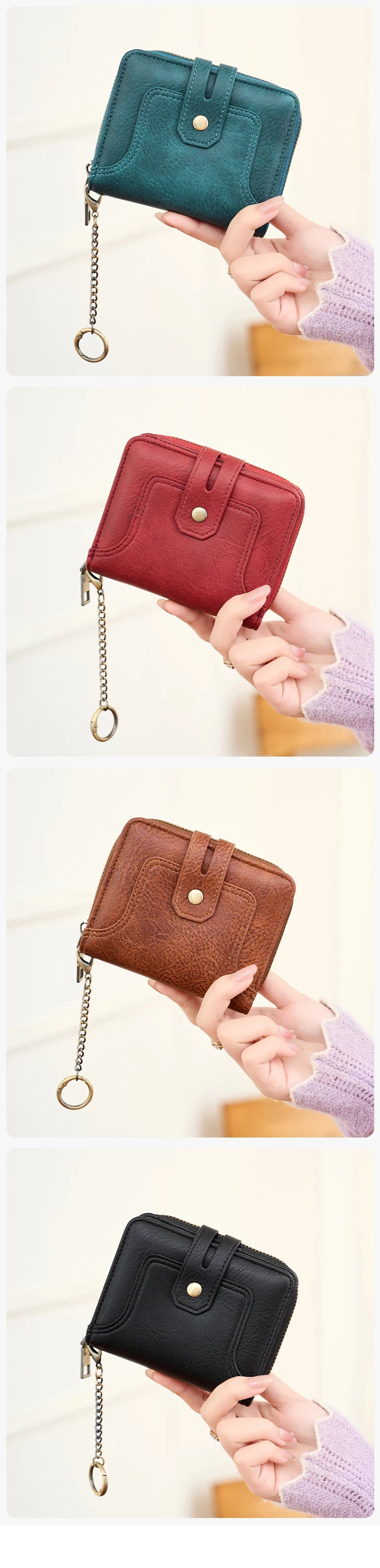 A hand holds a dark green RFID shielded bi-fold wallet with a gold chain.