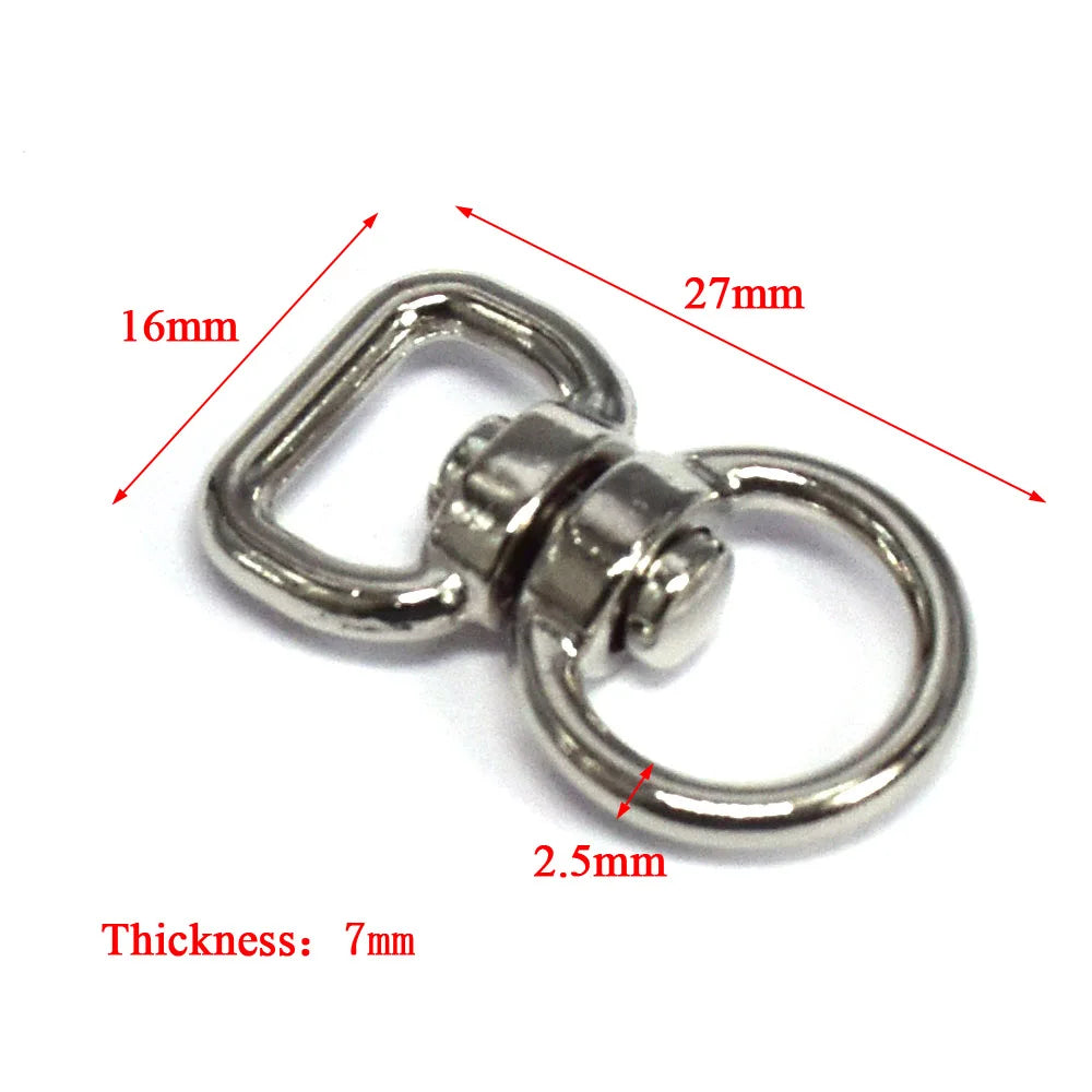 Silver swivel keychain hooks featuring a clasp, with dimensions of 16mm, 27mm, and 2.5mm, and a thickness of 7mm.