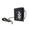 Black tri-fold chain card holder wallet with a leather strap and silver chain.