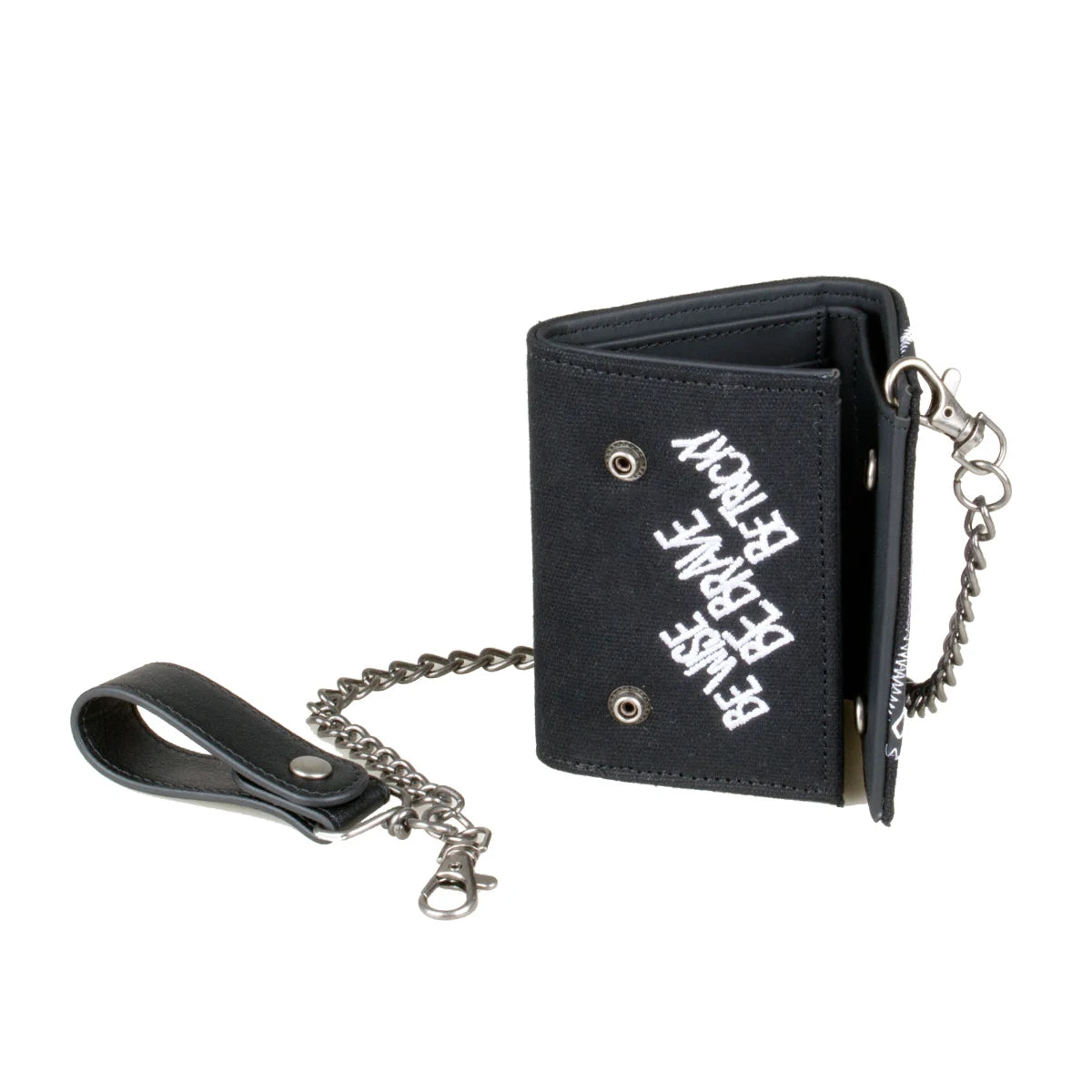 Black tri-fold chain card holder wallet with a leather strap and silver chain.