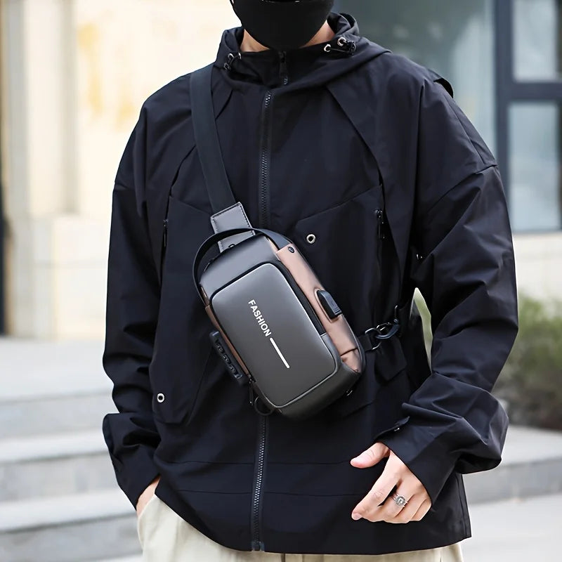 A man wearing a black jacket is holding a black sling chest bag with a phone pocket.