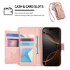 A pink leather wallet case with cash and card slots and a phone sleeve shown next to a pink leather crossbody bag.