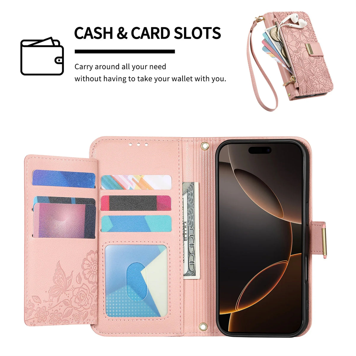 A pink leather wallet case with cash and card slots and a phone sleeve shown next to a pink leather crossbody bag.