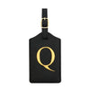 Black PU leather luggage tag with a gold letter Q and a metal loop for attachment