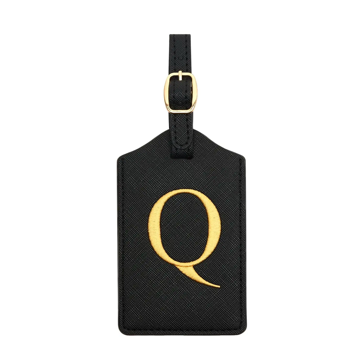 Black PU leather luggage tag with a gold letter Q and a metal loop for attachment