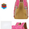 Pink and beige durable canvas student backpack with a patterned strap