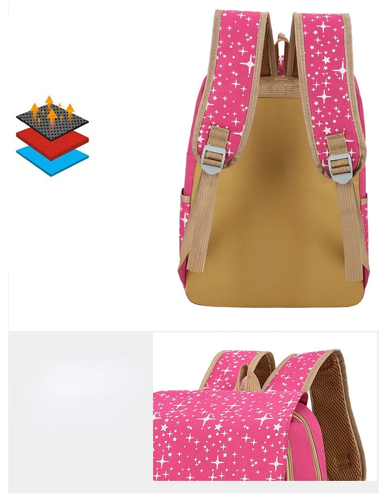 Pink and beige durable canvas student backpack with a patterned strap