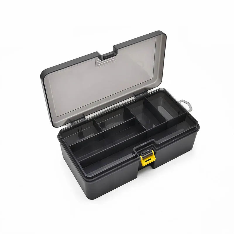 A black large capacity fishing tackle box with an open lid showing an organized interior.