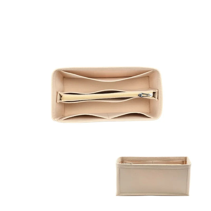A light beige felt cloth bag organizer with a horizontal slot for storing small items.