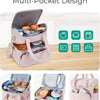 A pink double deck multi-pocket lunch bag with an open top showing various food items and compartments.