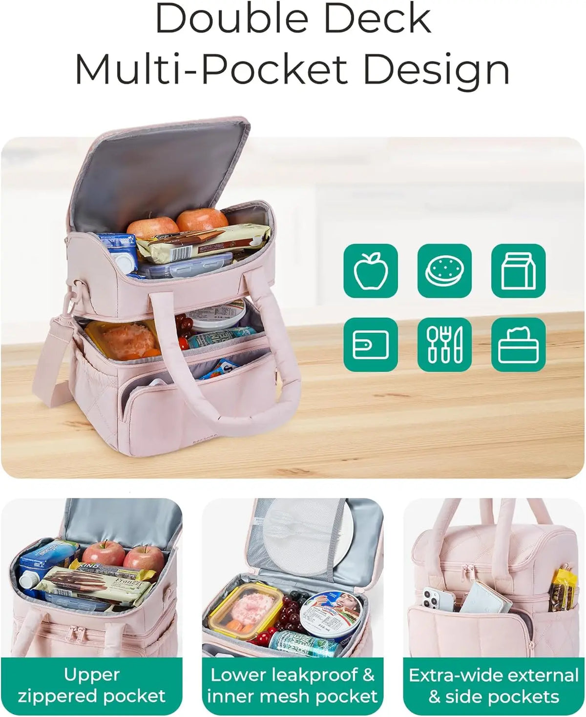 A pink double deck multi-pocket lunch bag with an open top showing various food items and compartments.