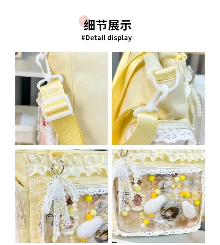 A close-up display of a transparent shoulder tote bag with yellow straps and white lace detailing.