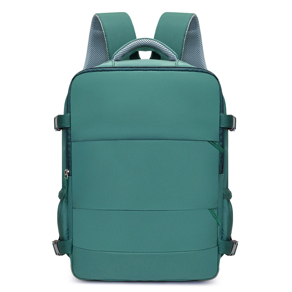 Türkise Reise-Boarding-Rucksack mit grauen Netzriemen und verstellbaren Funktionen.
