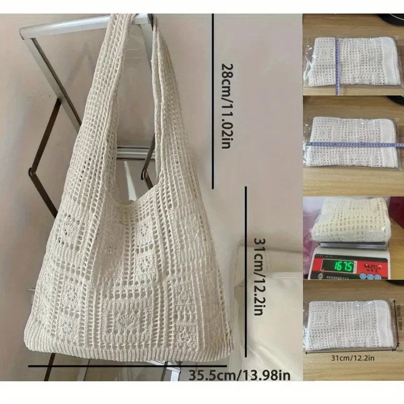 A white knitted shoulder bag displayed next to various size samples and measurements.