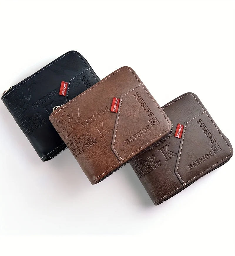 Three brown and black slim PU leather wallets with embossed designs shown from an angle.