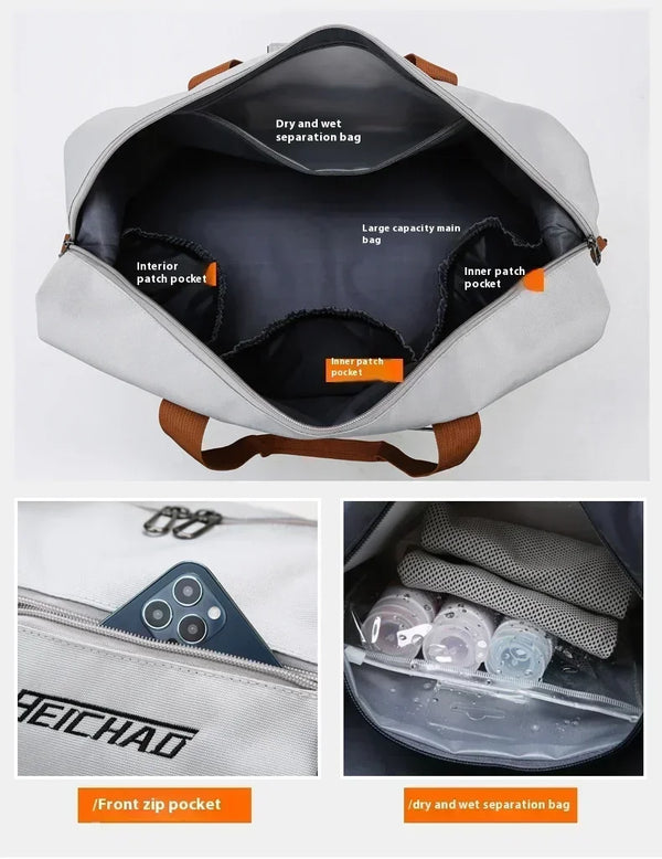 Graue Reise-Fitness-Tasche mit Innenausstattung wie Patch- und Frontreißverschlussfächer, mit getrennter Trocken- und Nassfäc