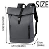 A gray waterproof business laptop backpack shown with dimensions and features.