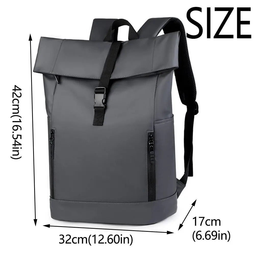 A gray waterproof business laptop backpack shown with dimensions and features.