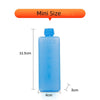 A small blue reusable ice pack with a screw cap, shown next to a measurement scale.