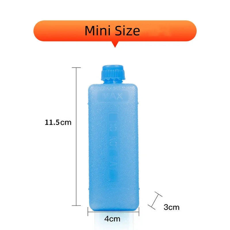 A small blue reusable ice pack with a screw cap, shown next to a measurement scale.